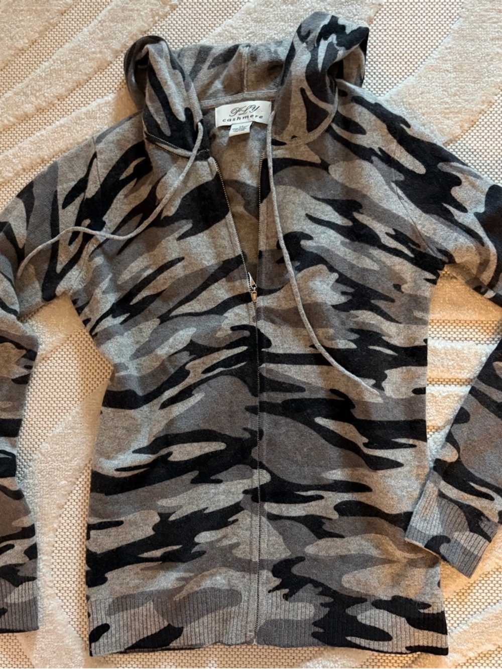 PLY 100% Cashmere Gray Black Camo Sweater Hooded Zip Up Sweatshirt Luxury XS S